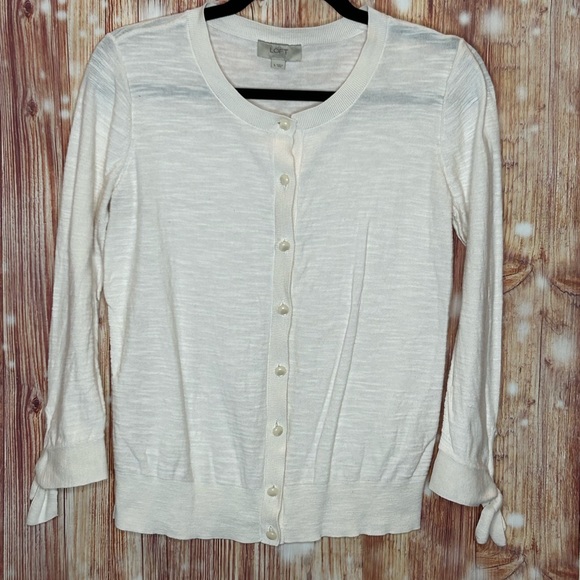Loft Cream Cardigan with Faux Pearl Buttons Tie Sleeves Size Small Lightweight - Picture 2 of 6